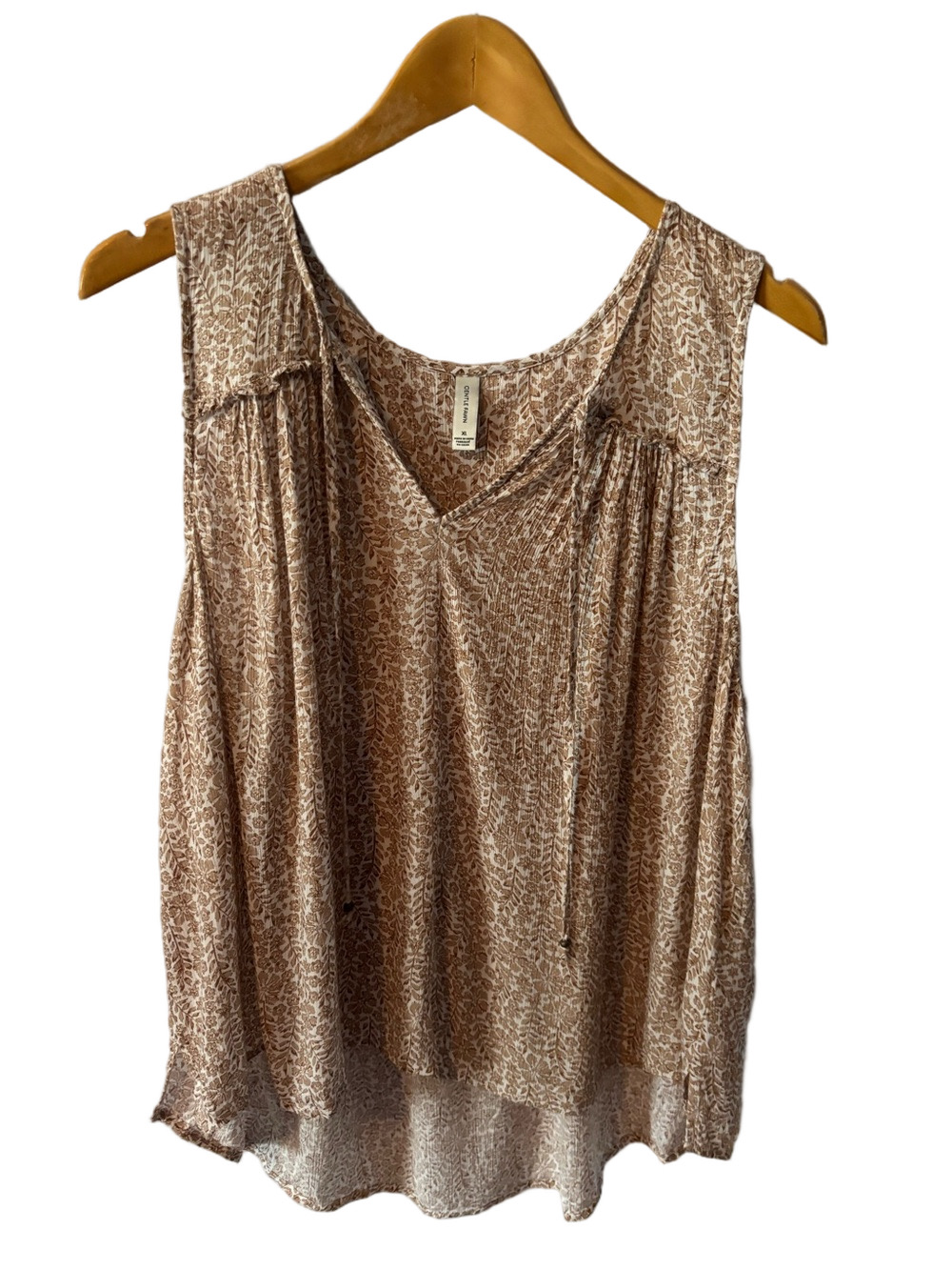 Gentle Fawn Tan Floral V-Neck Sleeveless Blouse XL High-Low Neck Ties Rayon - Picture 2 of 9